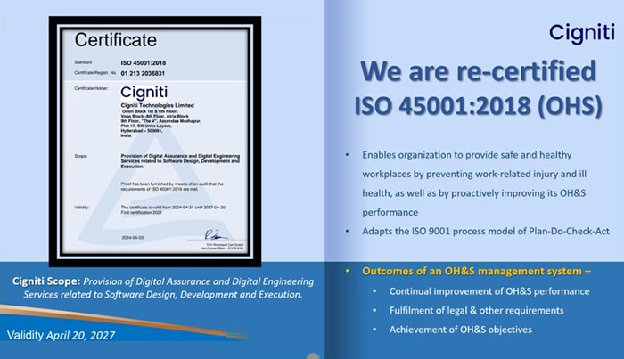 Cigniti Proudly Announces the Renewal of our ISO 45001:2018 Certification